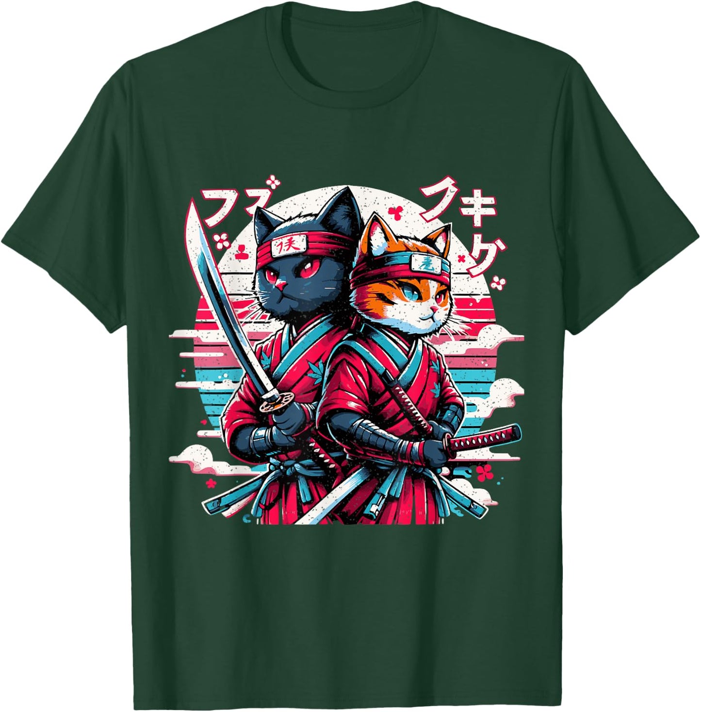 Cute Ninja Cat Couple Japanese Anime Samurai Katana Cats Women Girls Kids T-Shirt - T-Shirt | Forest