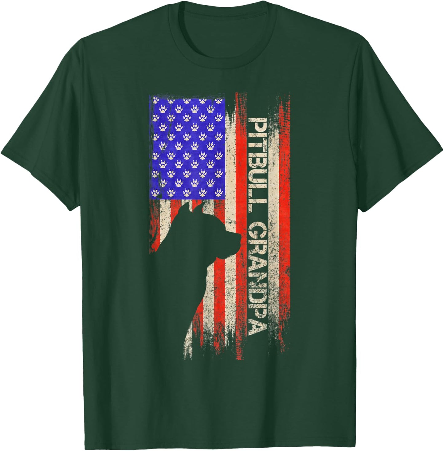 Vintage USA Flag Proud Pitbull Dog Grandpa Pittie Silhouette T-Shirt - T-Shirt | Forest