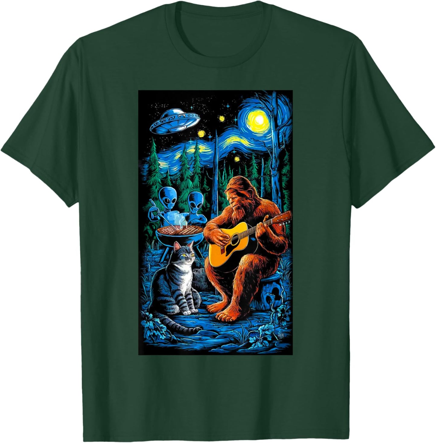 Funny Cat UFO Alien Bigfoot Sasquatch Camping Playing Guitar T-Shirt - T-Shirt | Forest