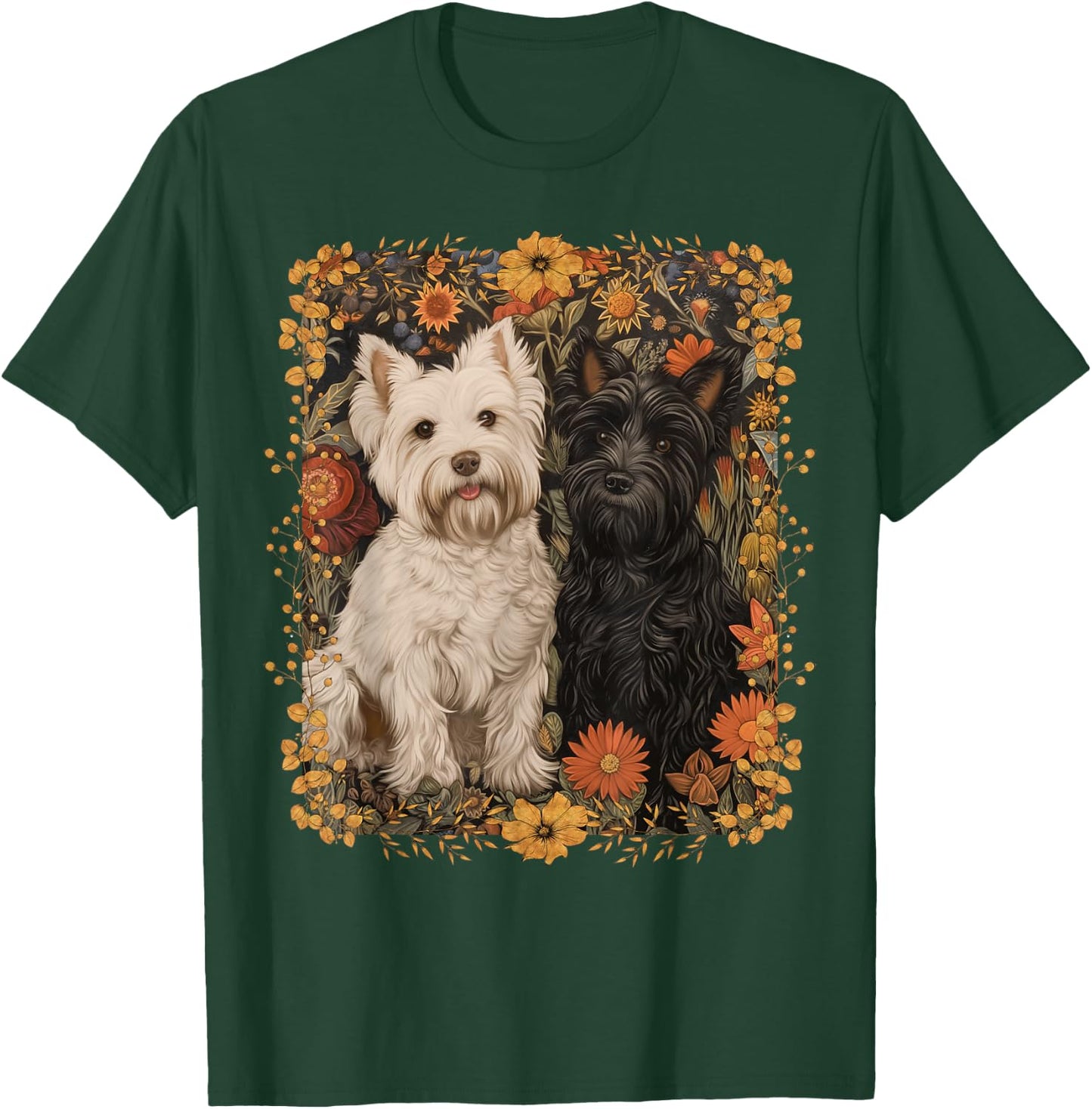 Westie and Scottie in William Morris Style Garden T-Shirt - T-Shirt | Forest
