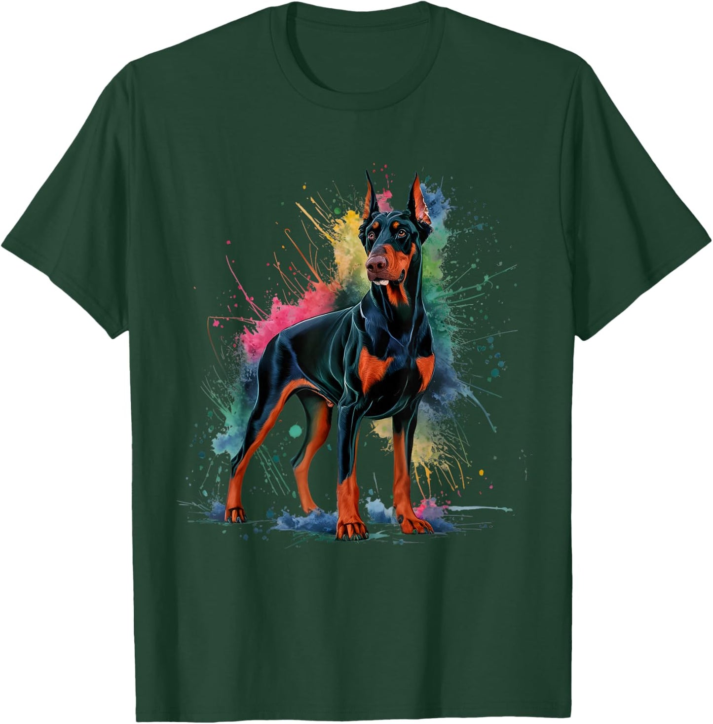 Men Woman Colorful Watercolor Doberman T-Shirt - T-Shirt | Forest