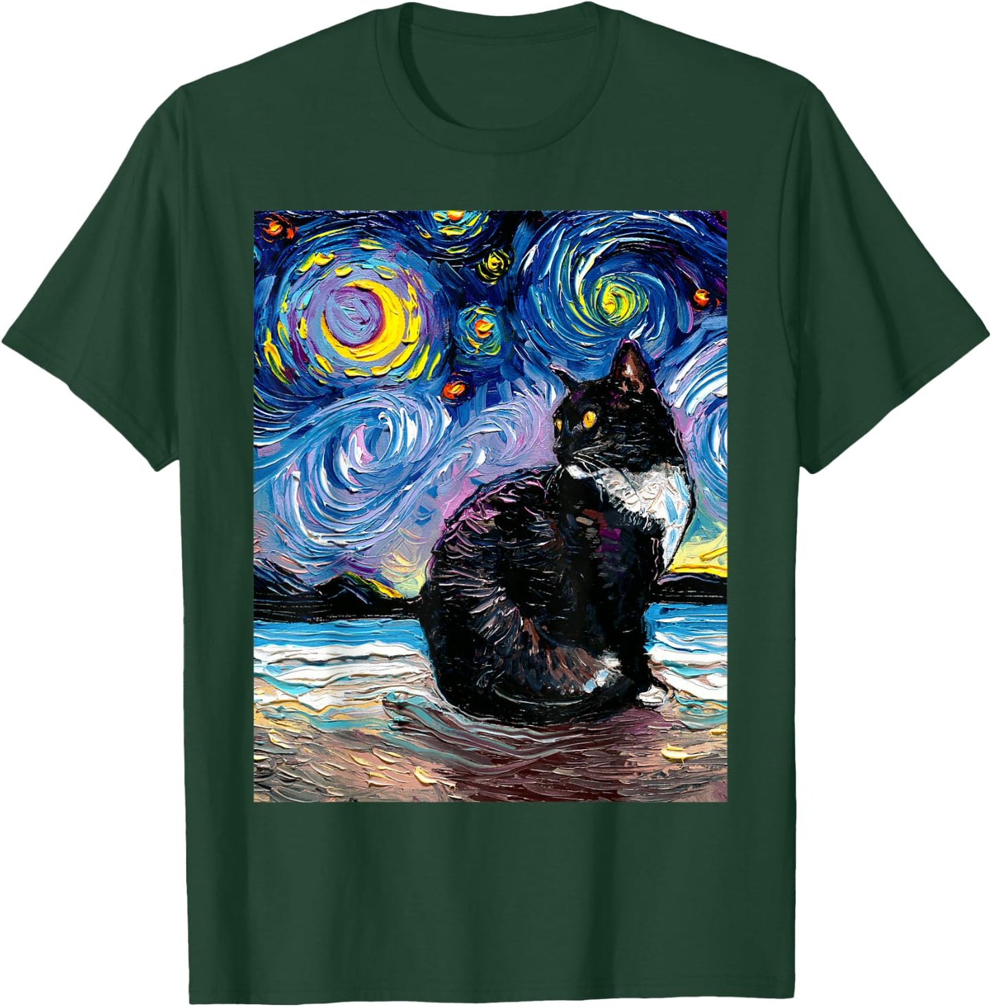 Tuxedo Cat on Beach Starry Night Impressionist Kitty Artwork T-Shirt - T-Shirt | Forest
