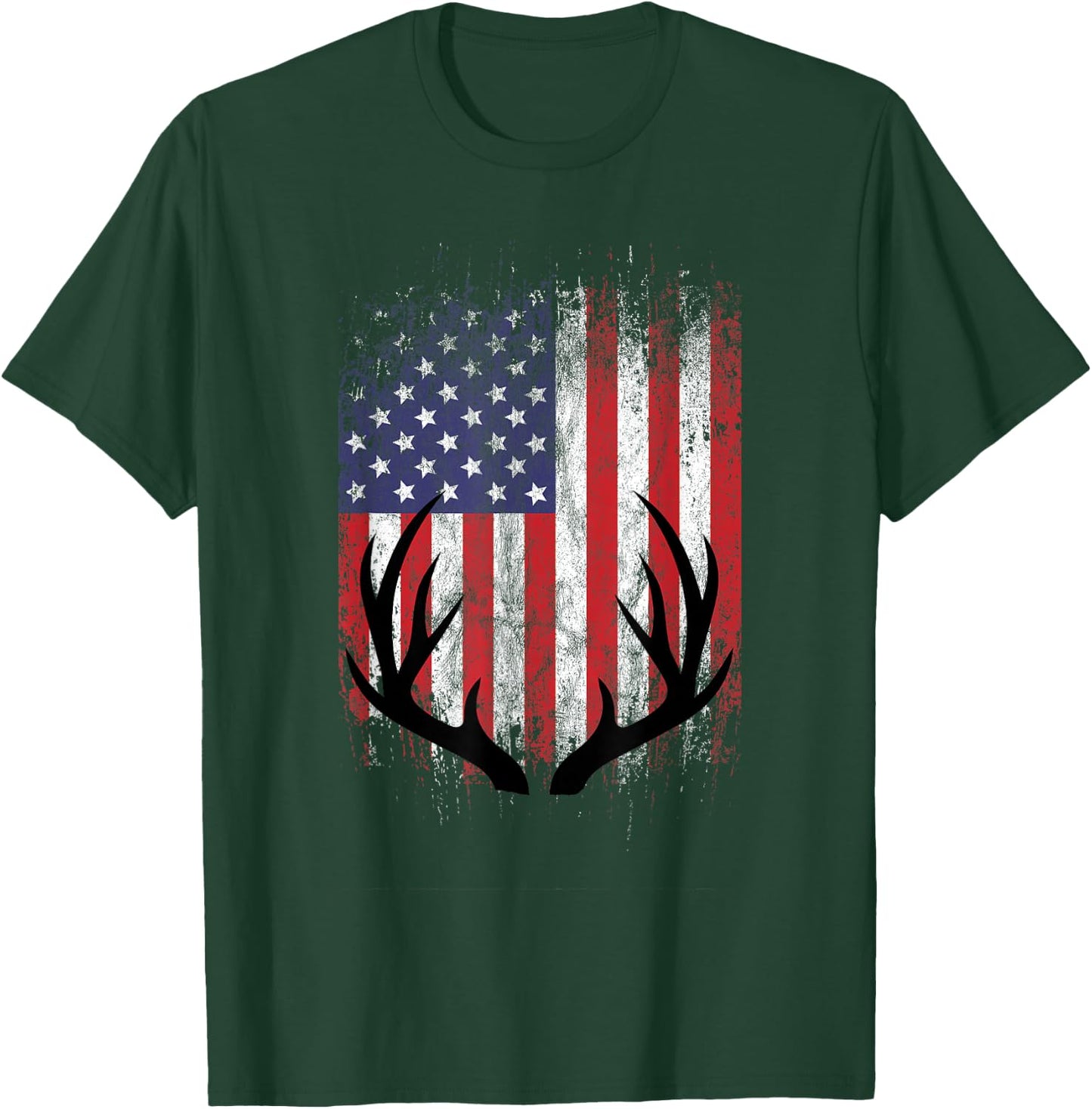 Deer Hunting American Flag Whitetail Buck Antlers Short Sleeve T-Shirt - T-Shirt | Forest