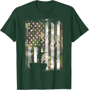 BoredKoalas Camo US Flag Fisherman Vintage Fishing Patriotic Angler Gift - Adult, Black, Small, Short Sleeve, Classic Fit T-Shirt - T-Shirt | Forest