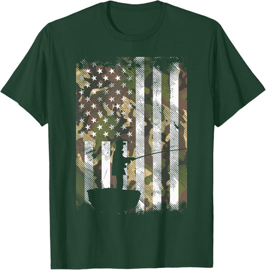 BoredKoalas Camo US Flag Fisherman Vintage Fishing Patriotic Angler Gift - Adult, Black, Small, Short Sleeve, Classic Fit T-Shirt - T-Shirt | Forest