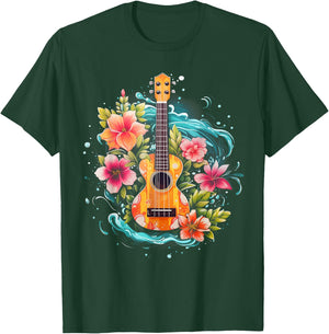 Ukulele Hawaiian Hibiscus Flowers Guitar Hawaii Surfer Uke T-Shirt - T-Shirt | Forest