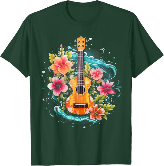 Ukulele Hawaiian Hibiscus Flowers Guitar Hawaii Surfer Uke T-Shirt - T-Shirt | Forest