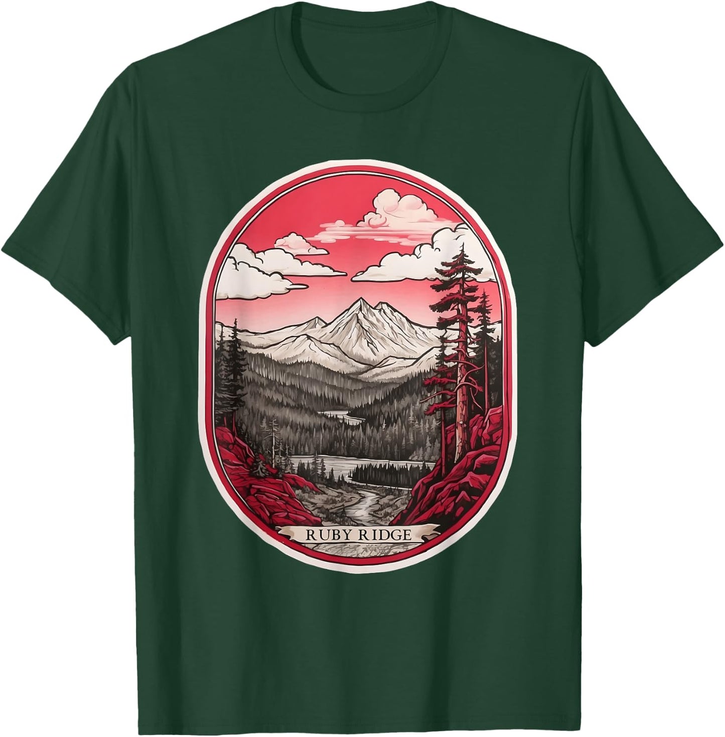 Ruby Ridge - Mountain Majesty - Black, White, and Red T-Shirt - T-Shirt | Forest