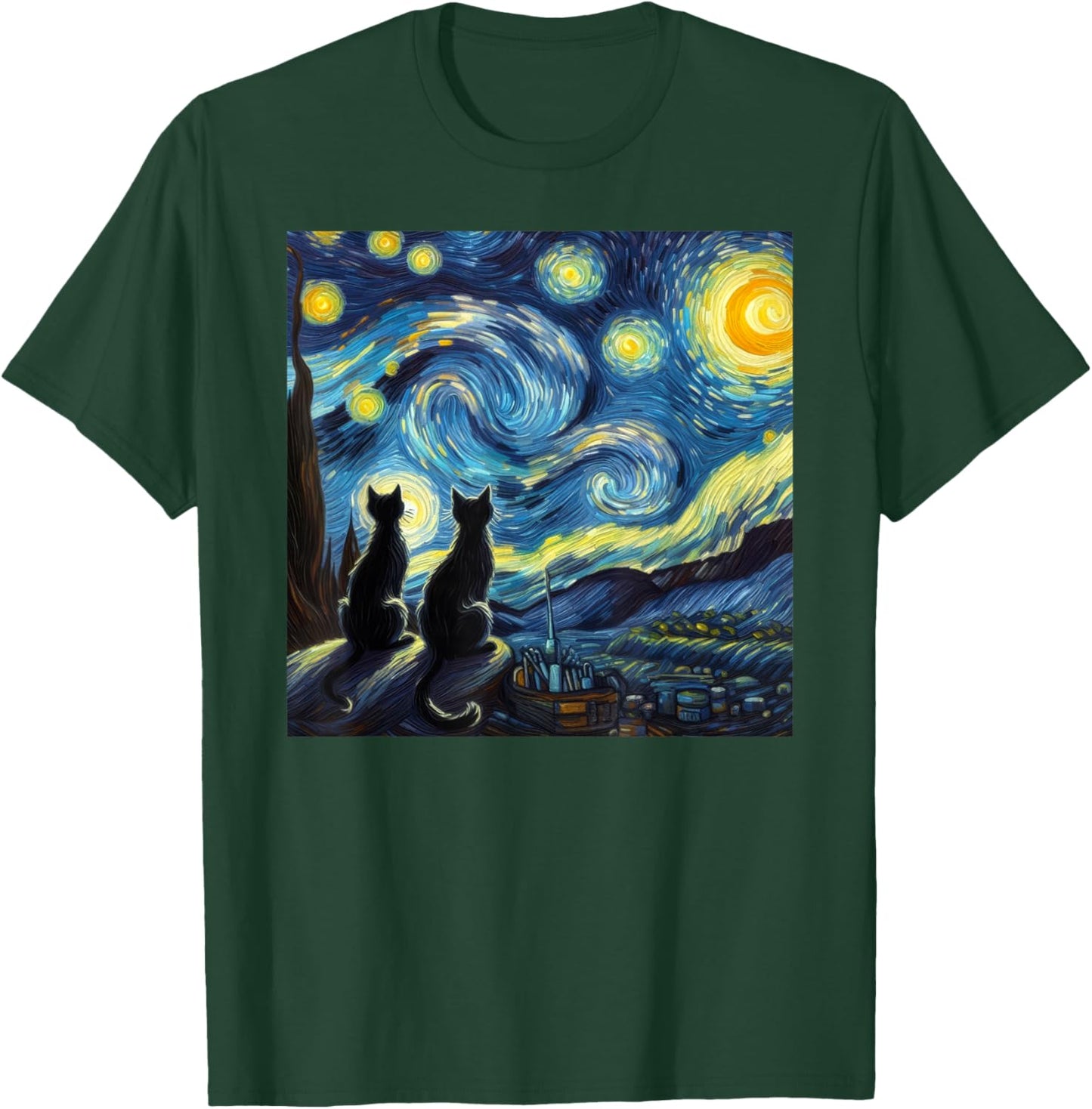 Black Cats Lover Starry Night Van Gogh T-Shirt - T-Shirt | Forest