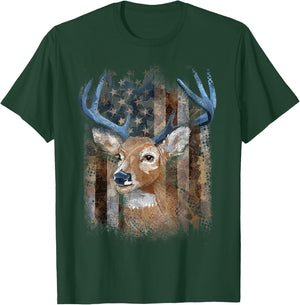Whitetail Buck Deer Hunting American Flag Buck Hunting Men T-Shirt - T-Shirt | Forest