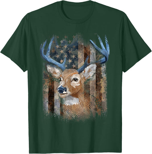 Whitetail Buck Deer Hunting American Flag Buck Hunting Men T-Shirt - T-Shirt | Forest