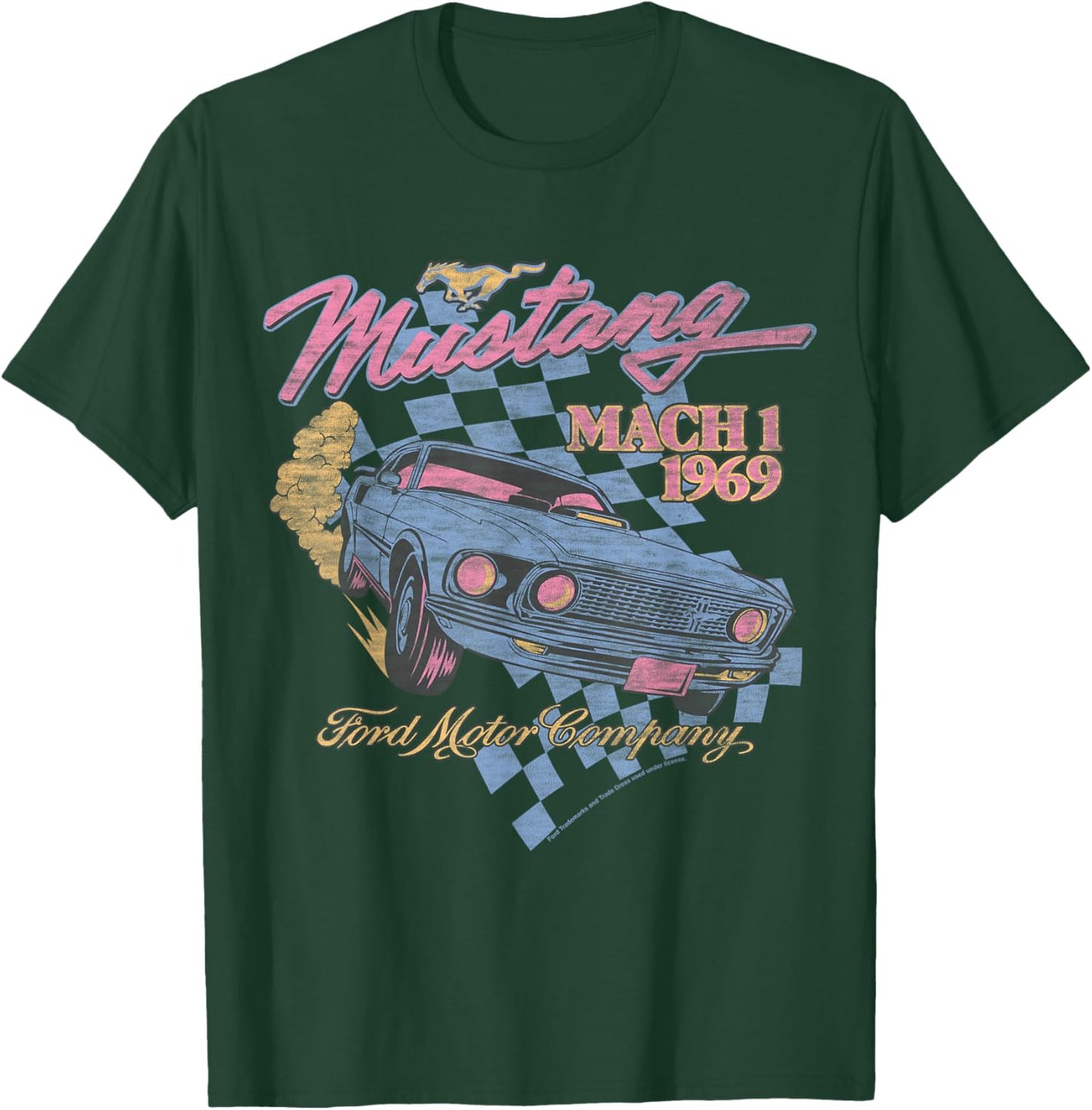 Ford - Blue Mustang Mach 1 1969 Checkered Background T-Shirt - T-Shirt | Forest