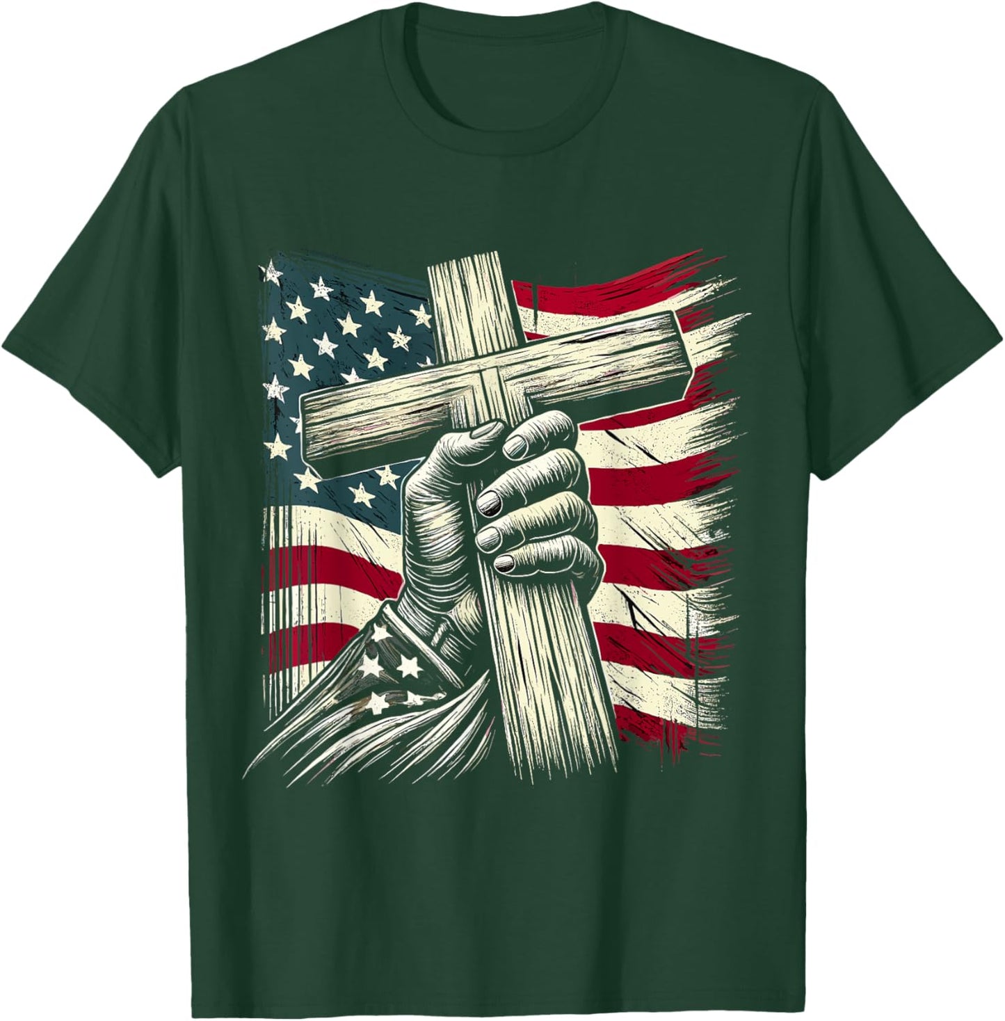 Christian Cross and USA Flag 4th of July Jesus T-Shirt - T-Shirt | Forest