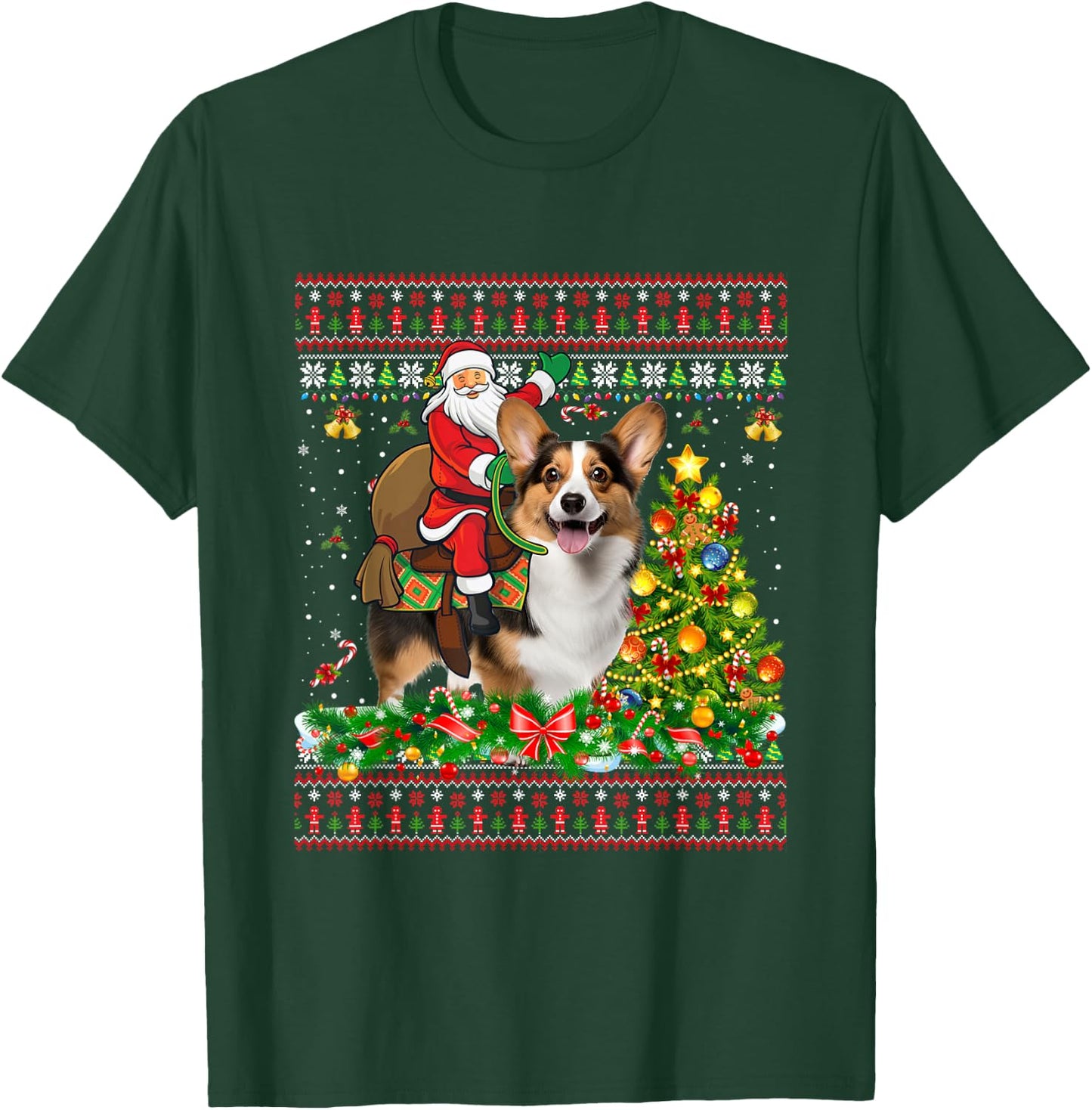 Xmas Sweater Ugly Santa Riding Corgi Dog Christmas T-Shirt - T-Shirt | Forest
