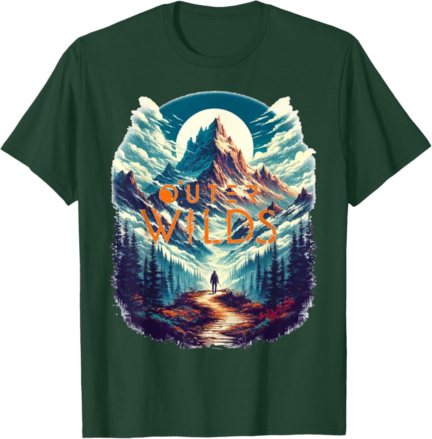 Retro Outer Wilds Text Moon Mountain Forest Tree House Sun T-Shirt - T-Shirt | Forest