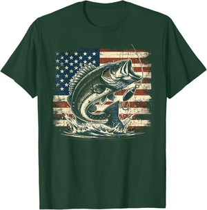 Fishing US American Flag Bass Fish Fisherman T-Shirt - T-Shirt | Forest