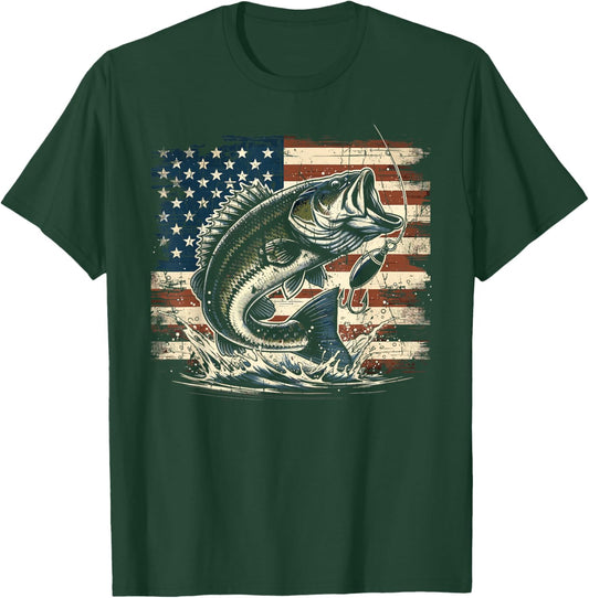 Fishing US American Flag Bass Fish Fisherman T-Shirt - T-Shirt | Forest