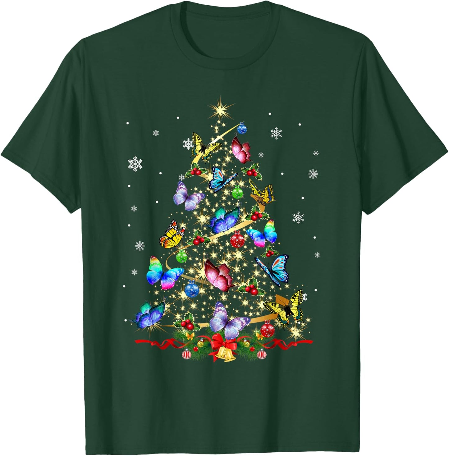 Butterfly Christmas Tree Lights Girl Xmas Cute Butterfly T-Shirt - T-Shirt | Forest