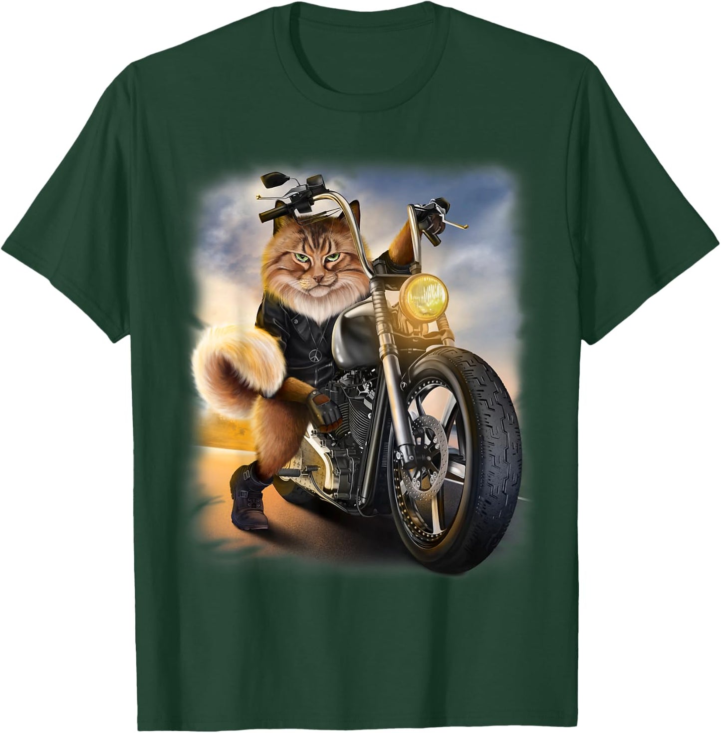 Biker Tabby Cat Riding Chopper Motorcycle Women Kids T-Shirt - T-Shirt | Forest