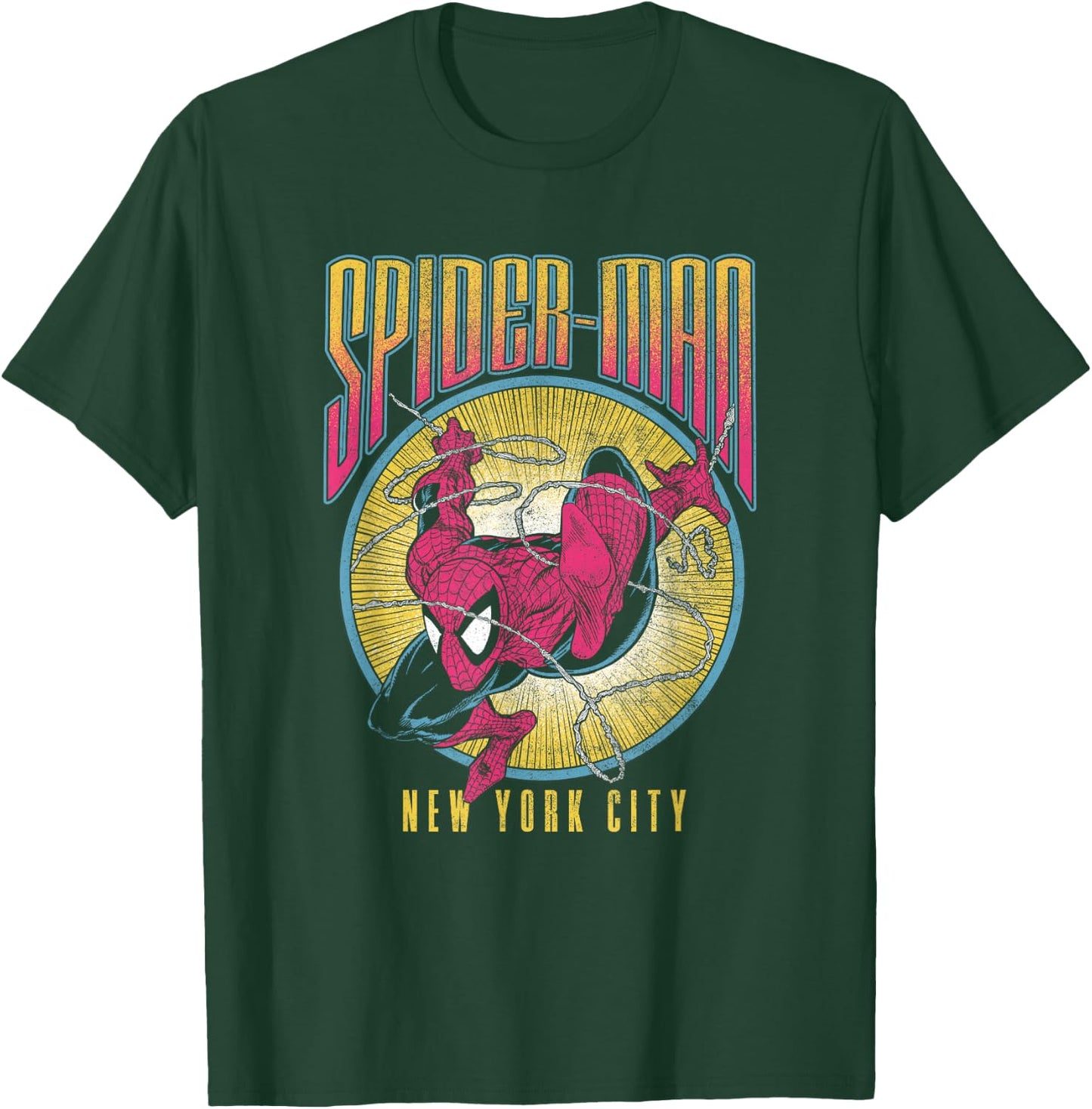 Marvel Spider-Man Swinging Through NYC Distressed Big Poster T-Shirt - T-Shirt | Forest