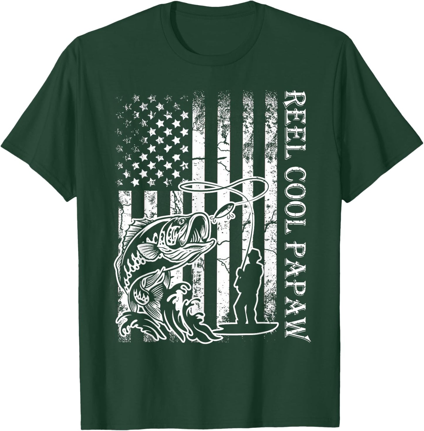 Fishing Reel Cool Papaw American Flag Fathers Day T-Shirt - T-Shirt | Forest