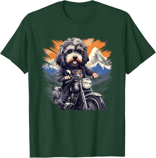 Biker Aussiedoodle Dog Riding Motorbike T-Shirt - T-Shirt | Forest
