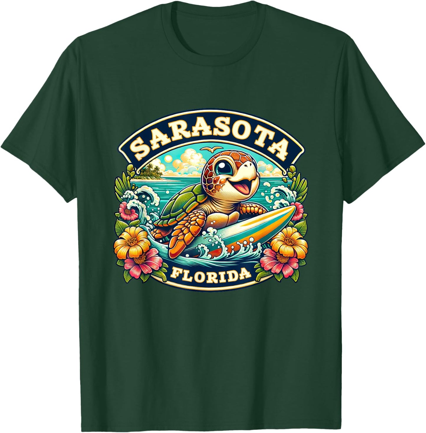 Sarasota Florida Cute Sea Turtle Surfing T-Shirt - T-Shirt | Forest
