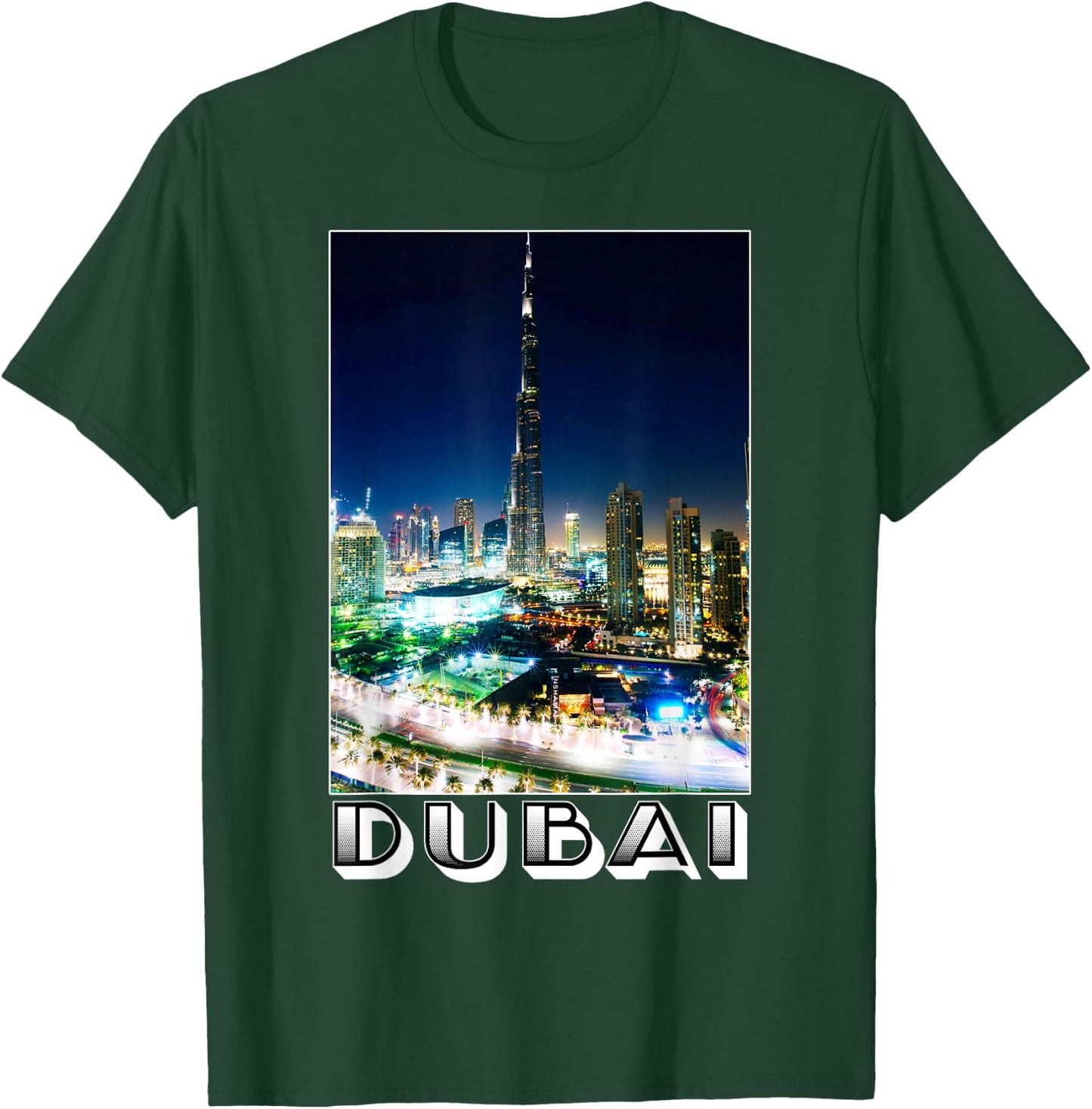 Dubai Cityscape at Night Burj Khalifa Tower - Dubai Tourist T-Shirt - T-Shirt | Forest