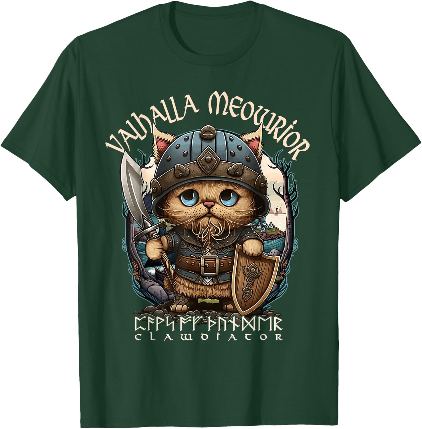 Nordic Norse Valhalla Viking Cat Warrior Men Kids T-Shirt - T-Shirt | Forest
