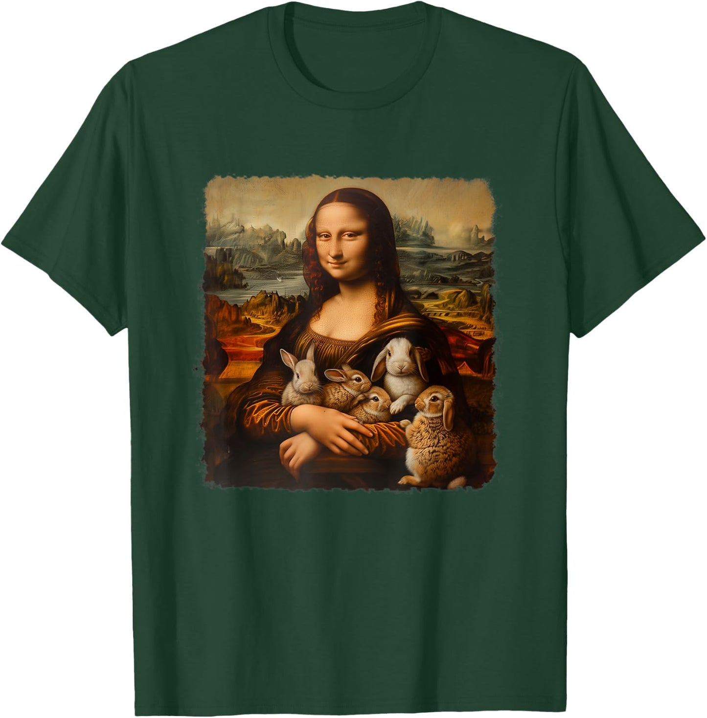Mona Lisa With with Rabbits Funny Rabbit Art Painting T-Shirt - T-Shirt | Forest