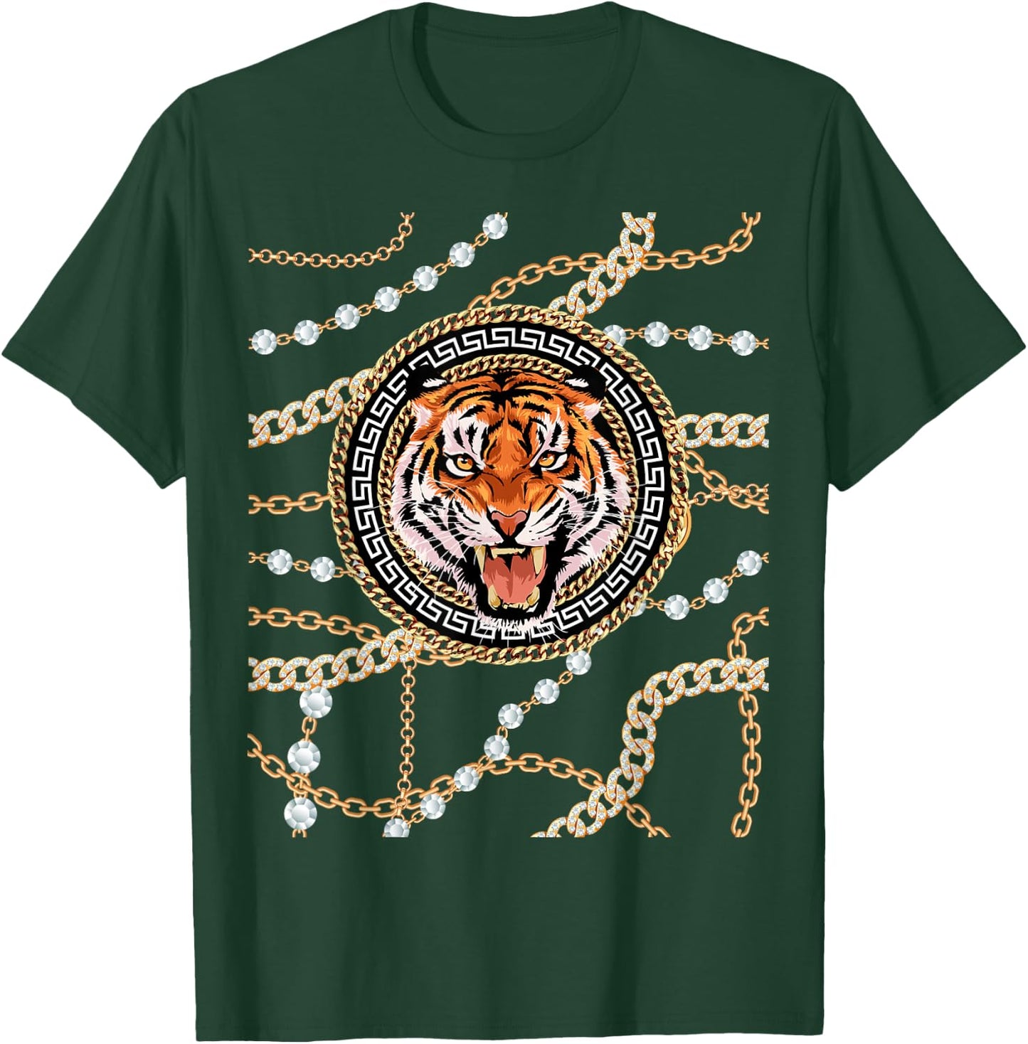 Rich Wild Tiger with Printed Gold Chains & Diamonds Style T-Shirt - T-Shirt | Forest