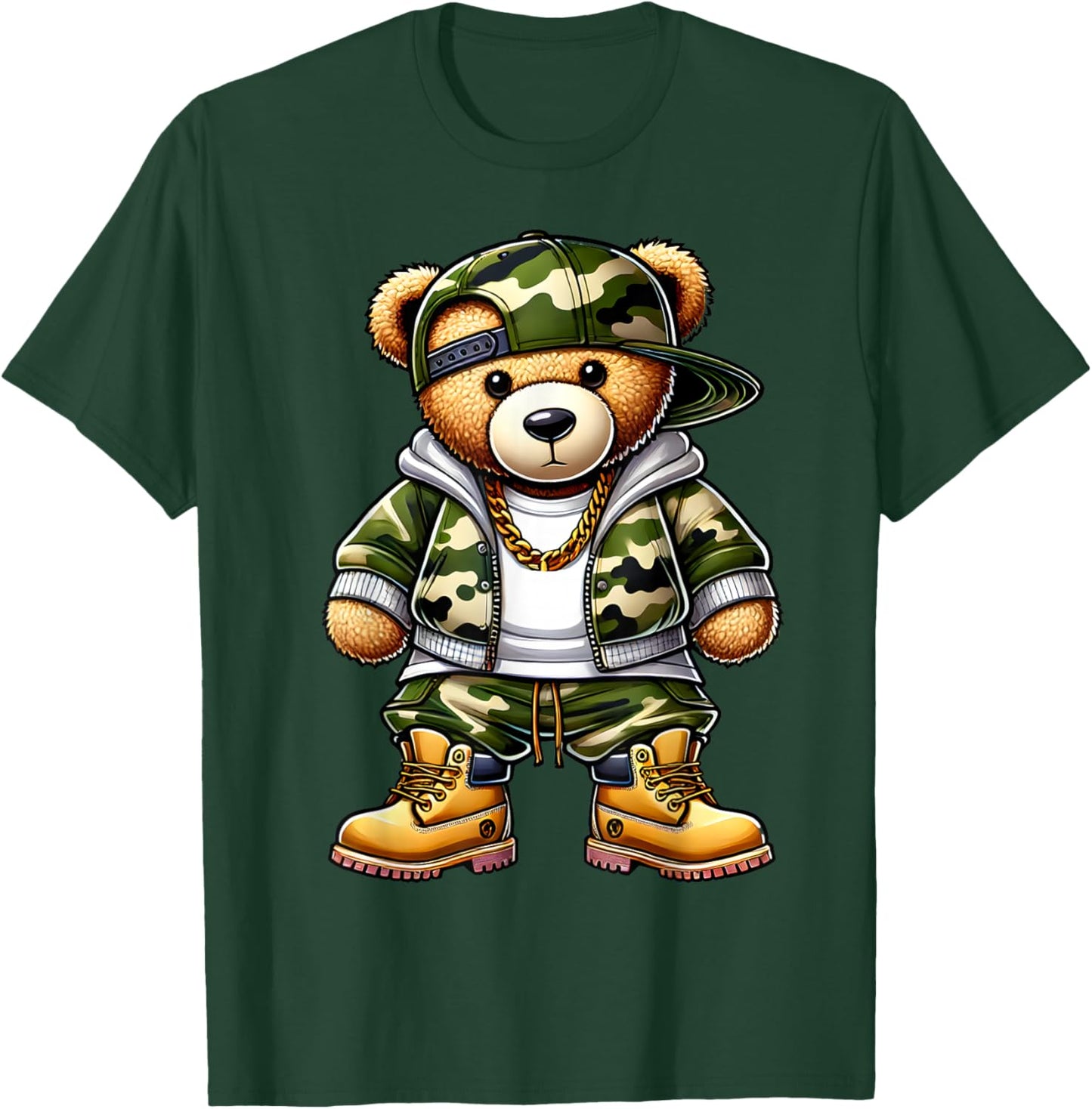 Camo Hip Hop Teddy Bear Camouflage Gangsta Streetwear Hustle T-Shirt - T-Shirt | Forest