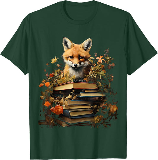Cottagecore Aesthetic floral Fox with Book cute Goblincore T-Shirt - T-Shirt | Forest