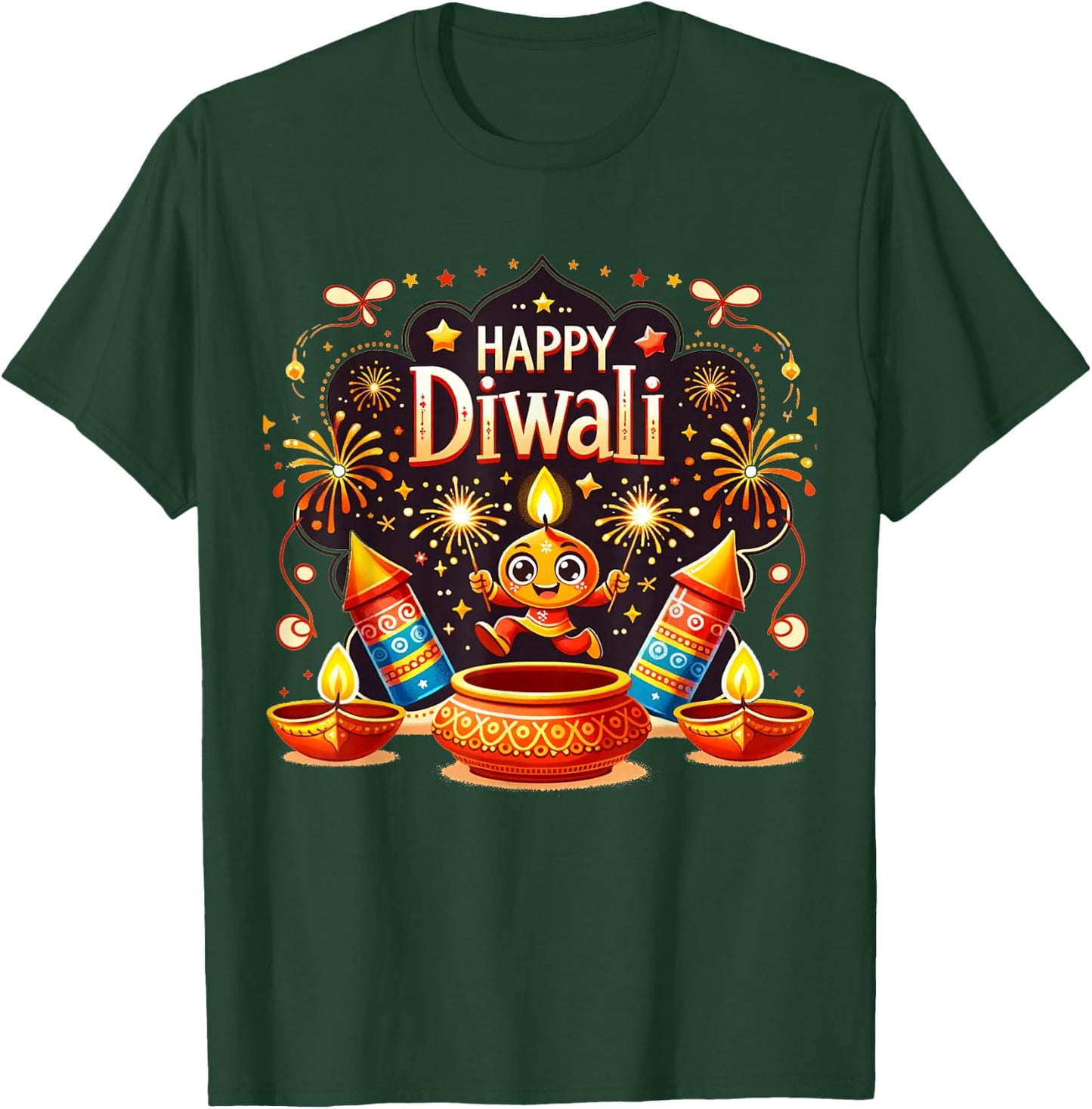 Happy Diwali: Dancing Diyas & Firecracker Candle Celebration T-Shirt - T-Shirt | Forest
