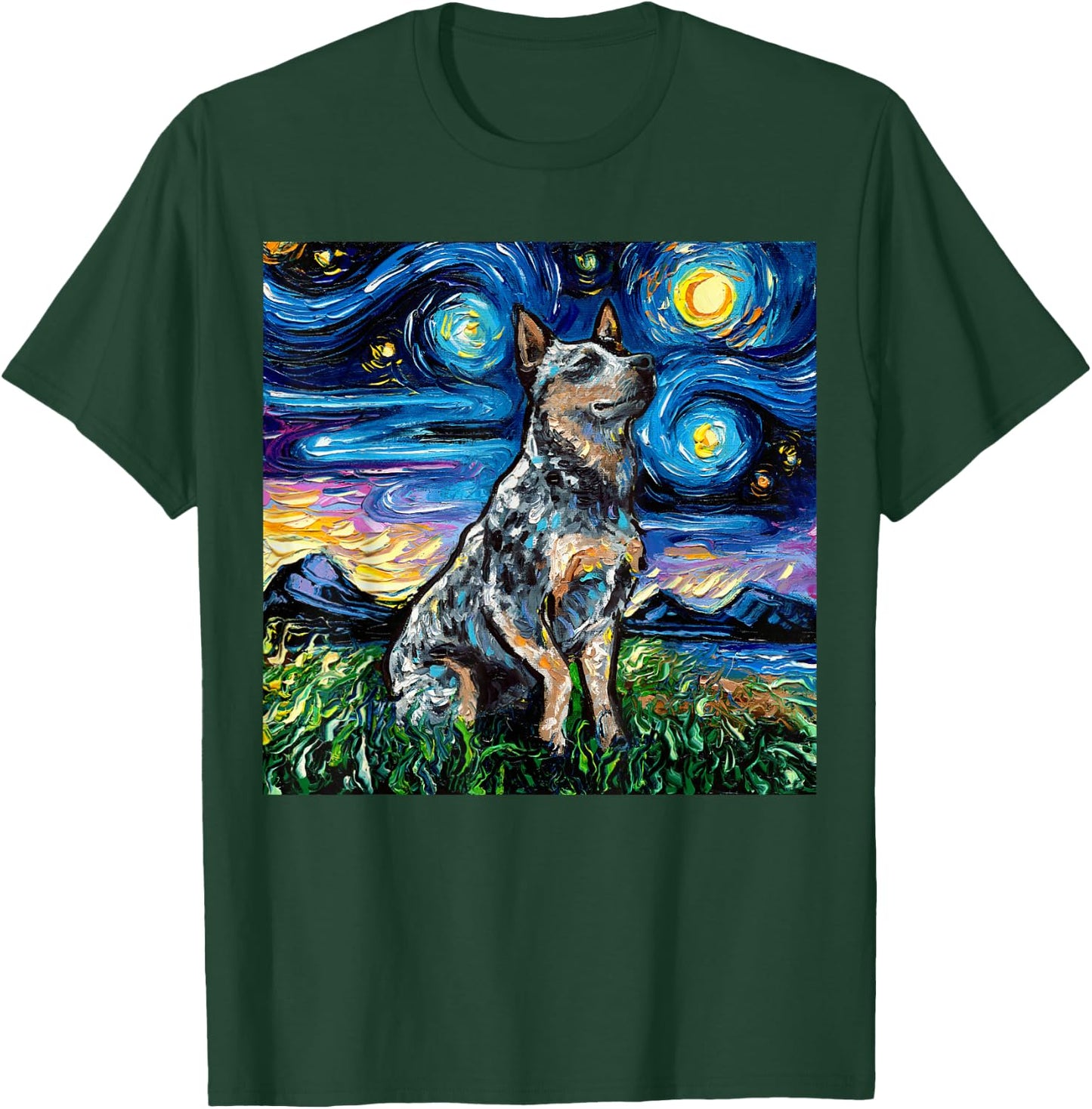 Blue Heeler Starry Night Australian Cattle Dog Art by Aja T-Shirt - T-Shirt | Forest
