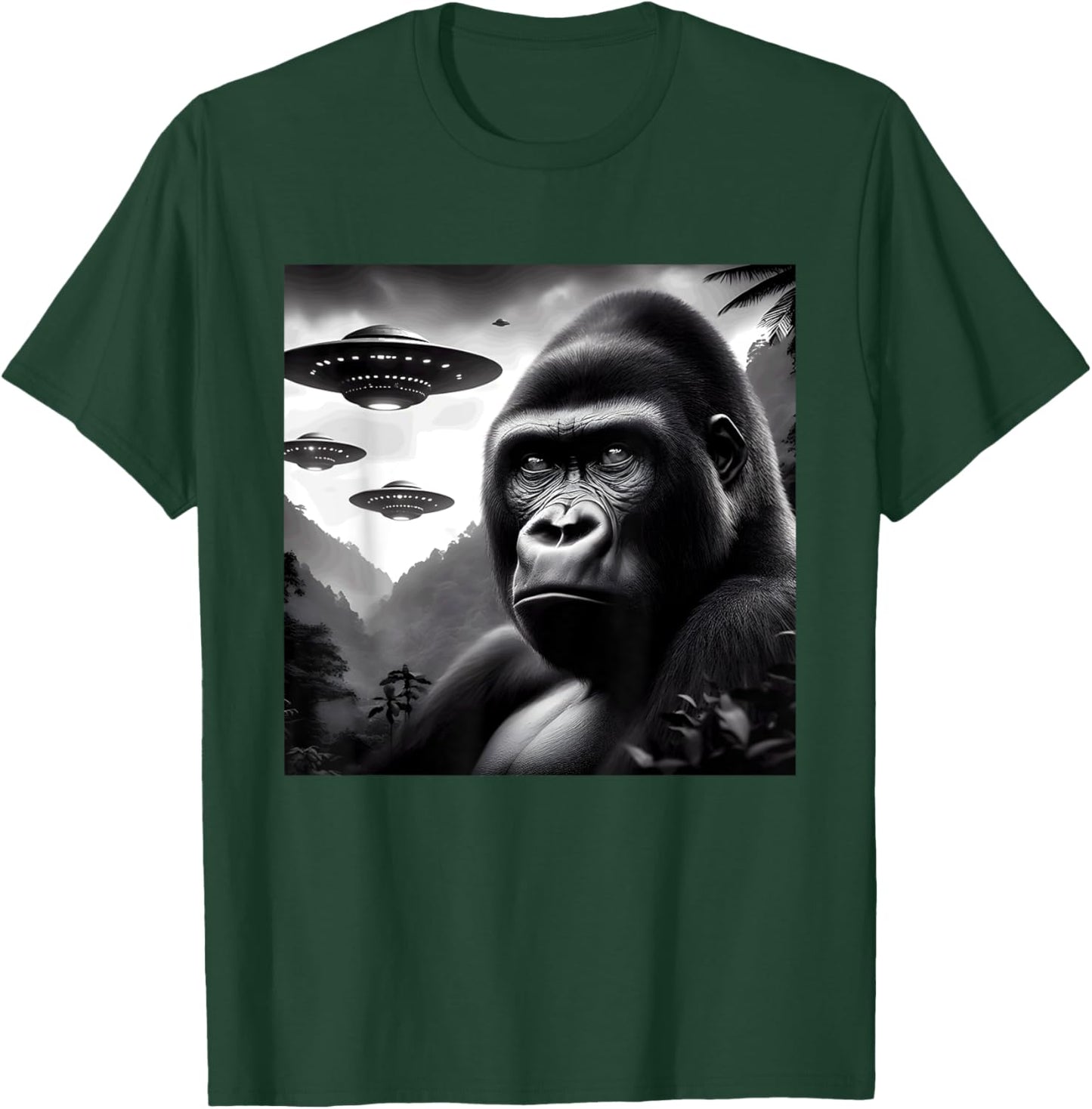 Gorilla Monkey Funny Graphic Selfie with UFOs Weird Aliens T-Shirt - T-Shirt | Forest