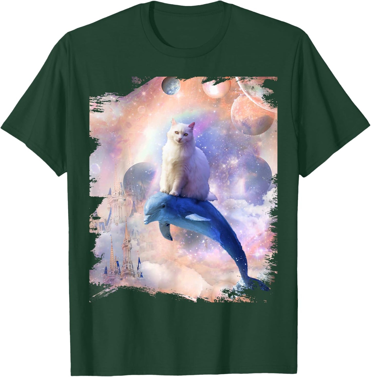 Space Cat Riding Dolphin Men Women Kids T-Shirt - T-Shirt | Forest