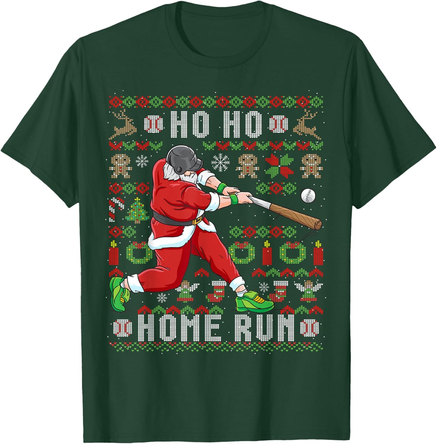 Ugly Christmas Baseball Ho Ho Home Run Funny Gift T-Shirt - T-Shirt | Forest