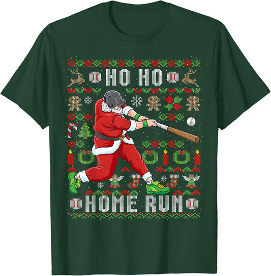 Ugly Christmas Baseball Ho Ho Home Run Funny Gift T-Shirt - T-Shirt | Forest