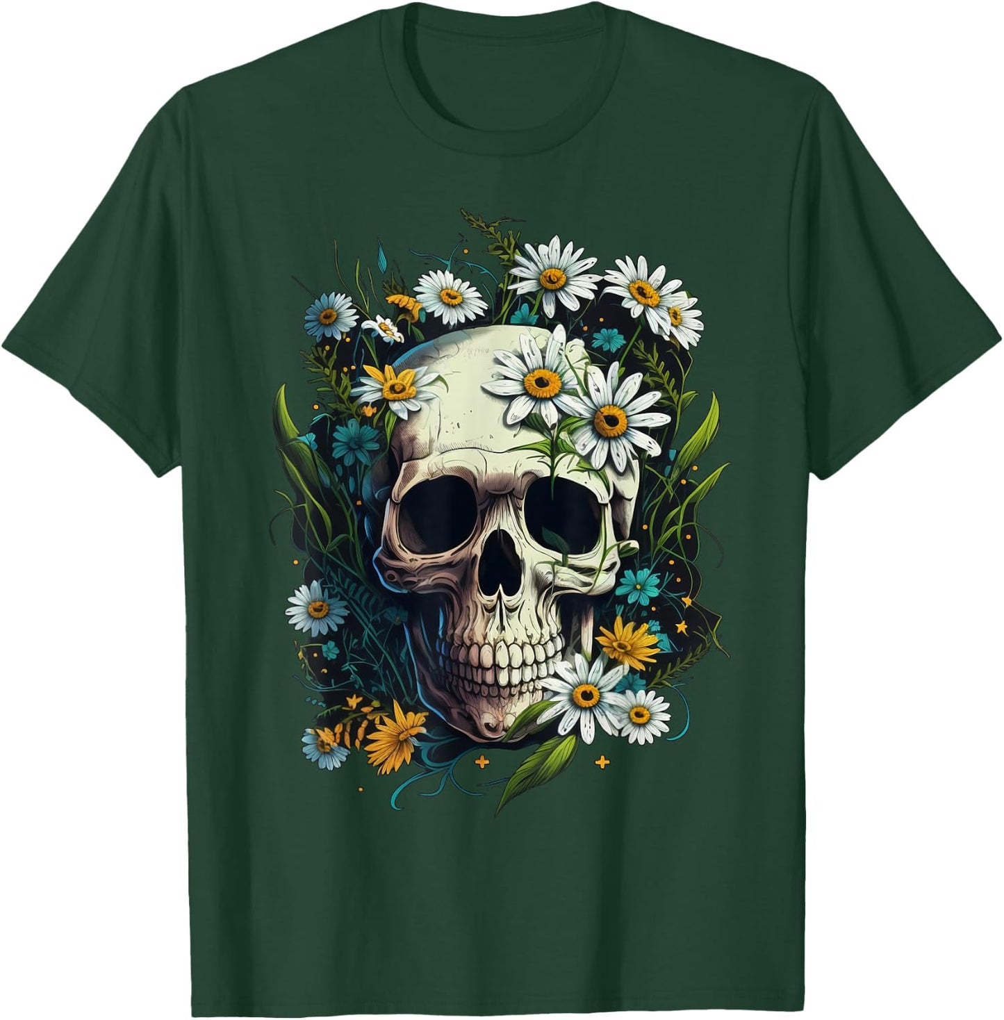 Floral Daisy Flower Skull on Skeleton Daisy Flower T-Shirt - T-Shirt | Forest