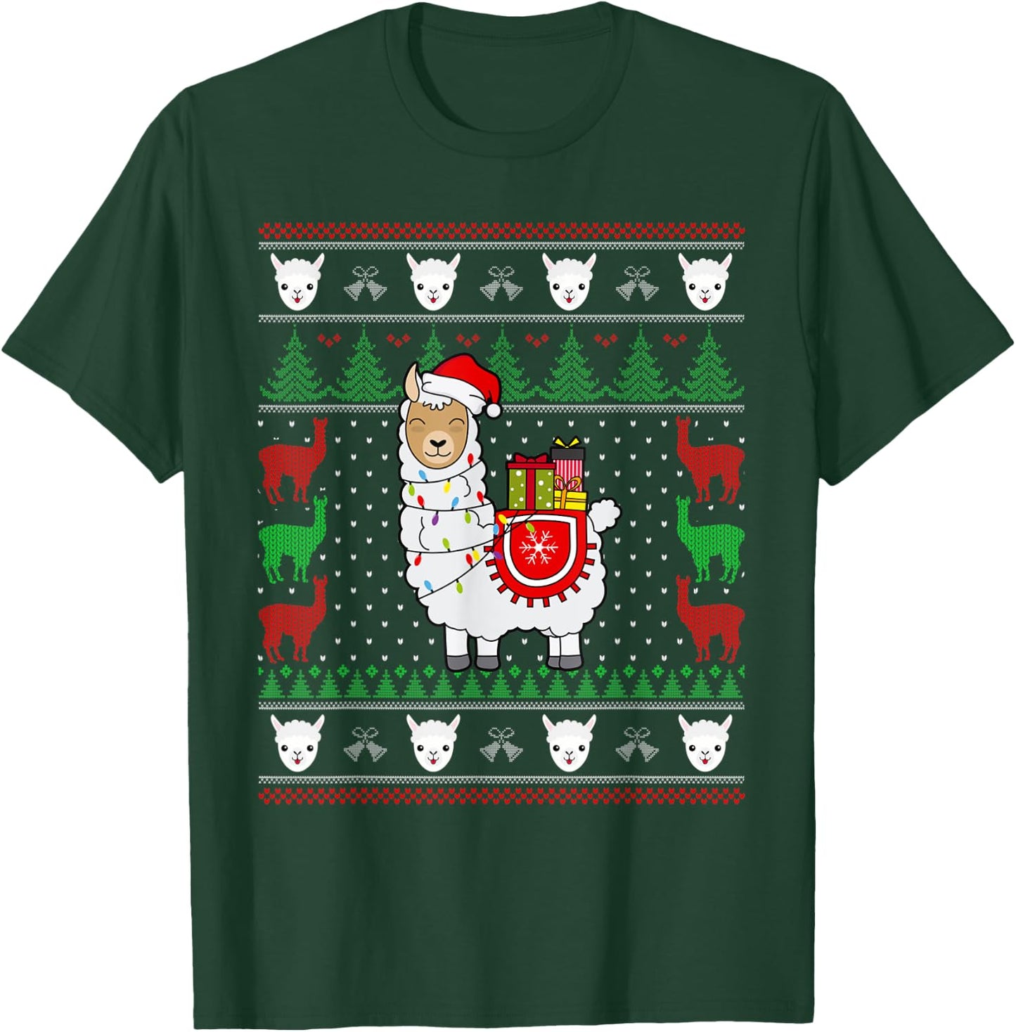 Christmas Llama Santa Hat Cute Ugly Xmas Sweater Funny Gift T-Shirt - T-Shirt | Forest