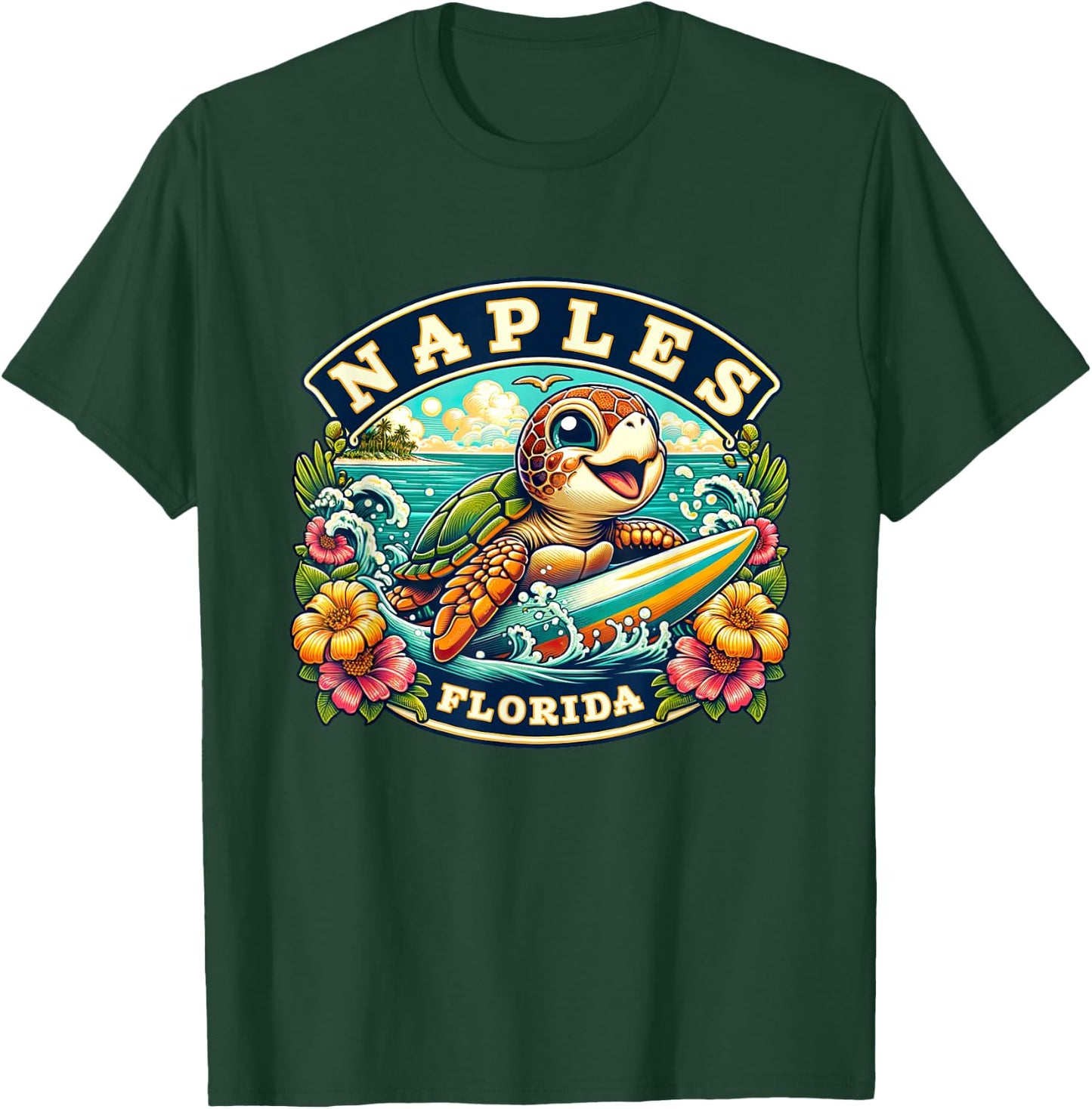 Naples Florida Cute Sea Turtle Surfing T-Shirt - T-Shirt | Forest