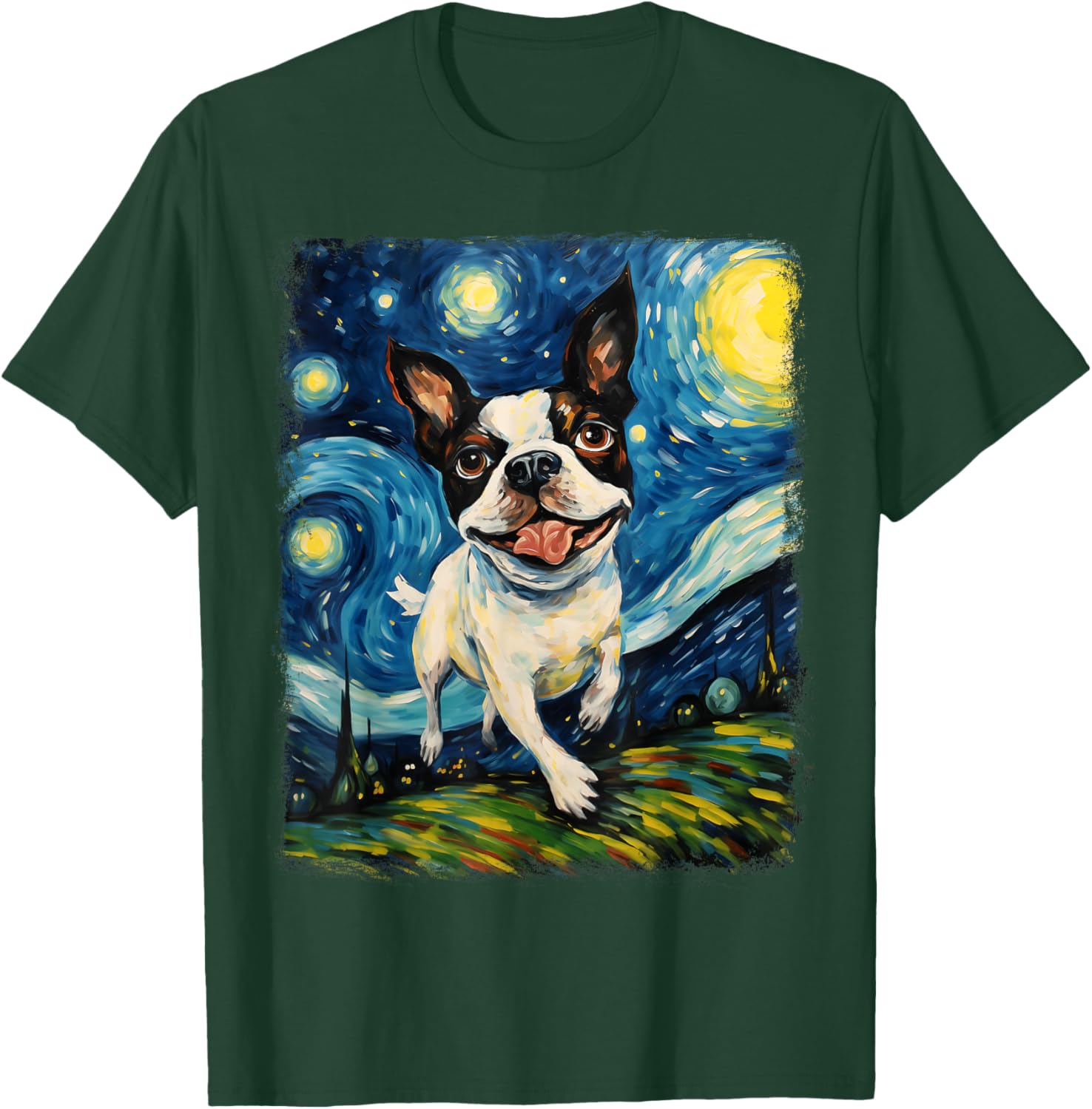 Boston Terrier Dog Starry Night Painting T-Shirt - T-Shirt | Forest