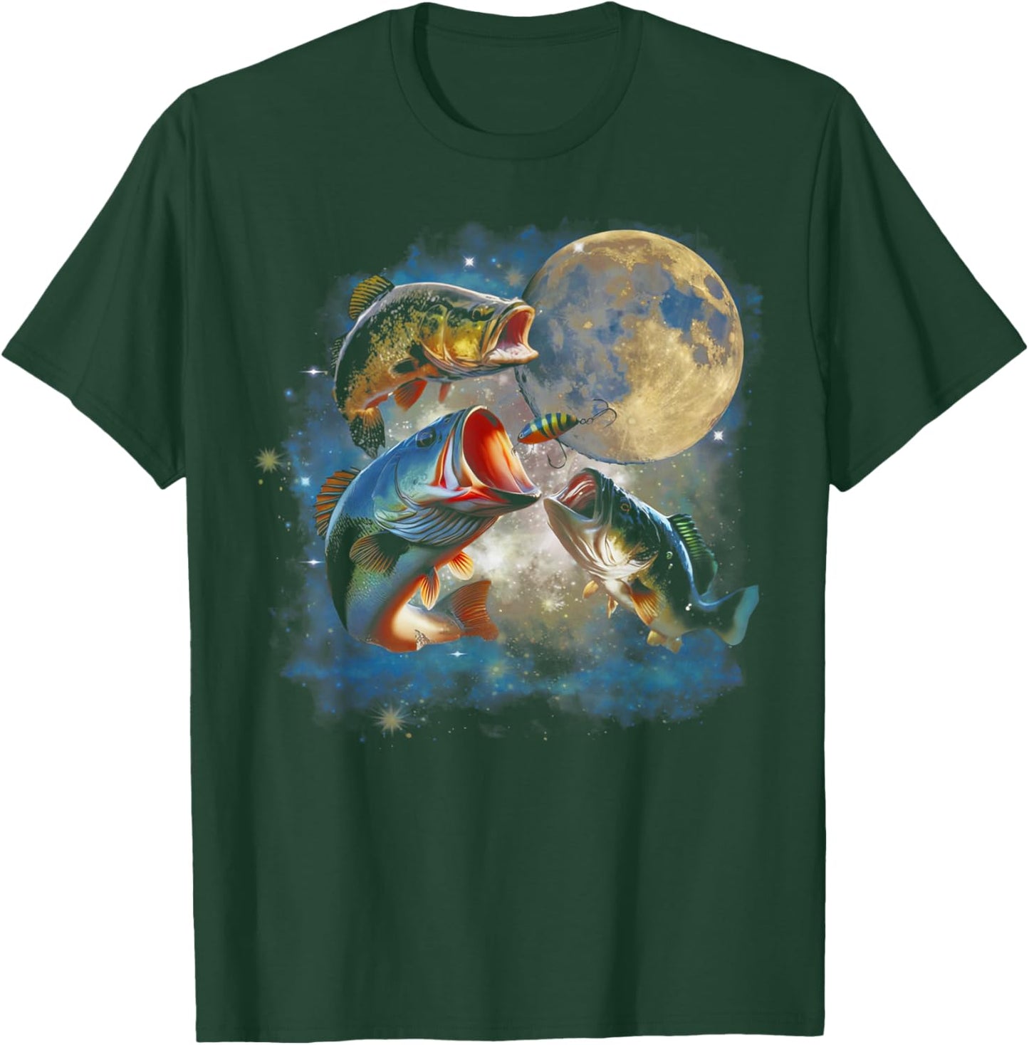 Vintage 90s Largemouth Bass Moon Retro Fisherman Fishing T-Shirt - T-Shirt | Forest