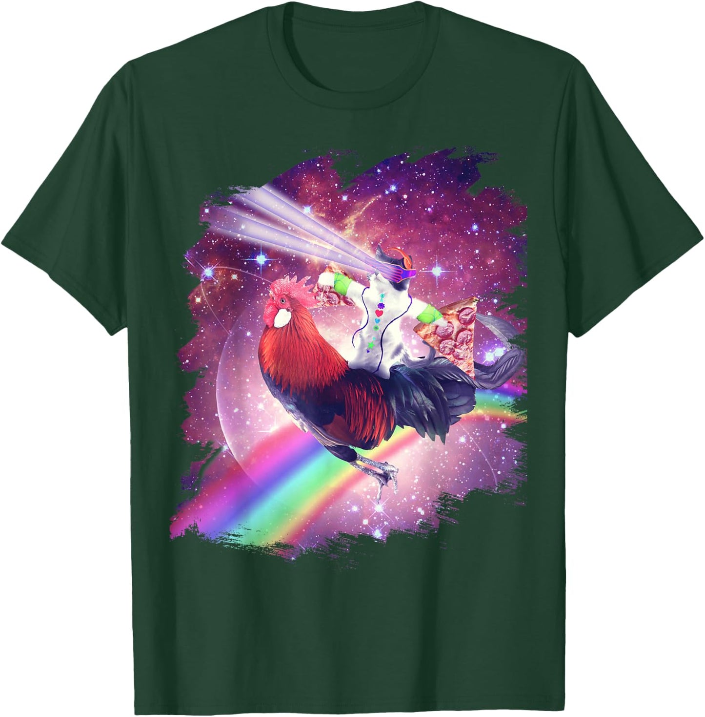 Lazer Rave Space Cat Riding Chicken With Pizza T-Shirt - T-Shirt | Forest