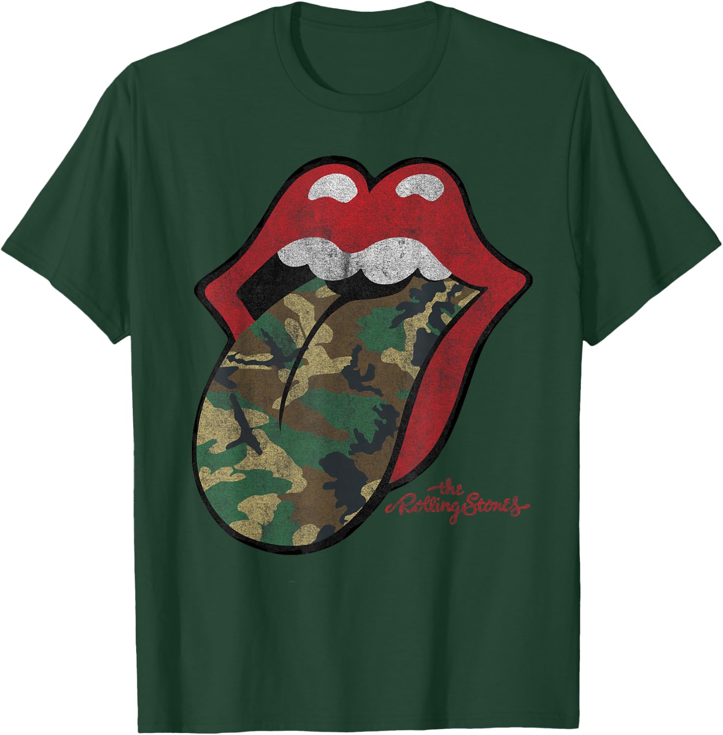 Official Rolling Stones Distressed Camo Tongue T-Shirt - T-Shirt | Forest