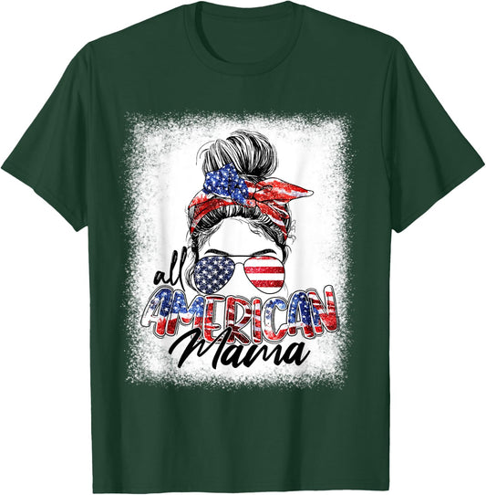 All American Mama Messy Bun Hair Style American Flag T-Shirt - T-Shirt | Forest