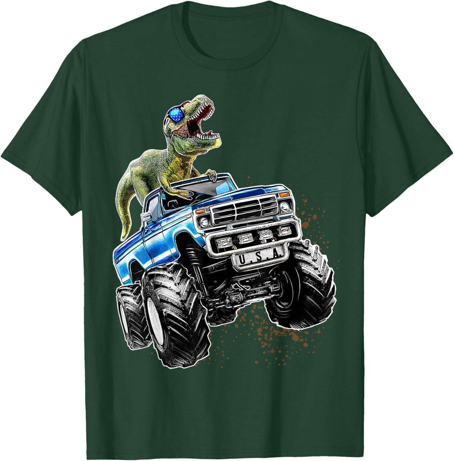 T Rex Dinosaur Monster Truck Patriotic Birthday Gift Boys T-Shirt - T-Shirt | Forest