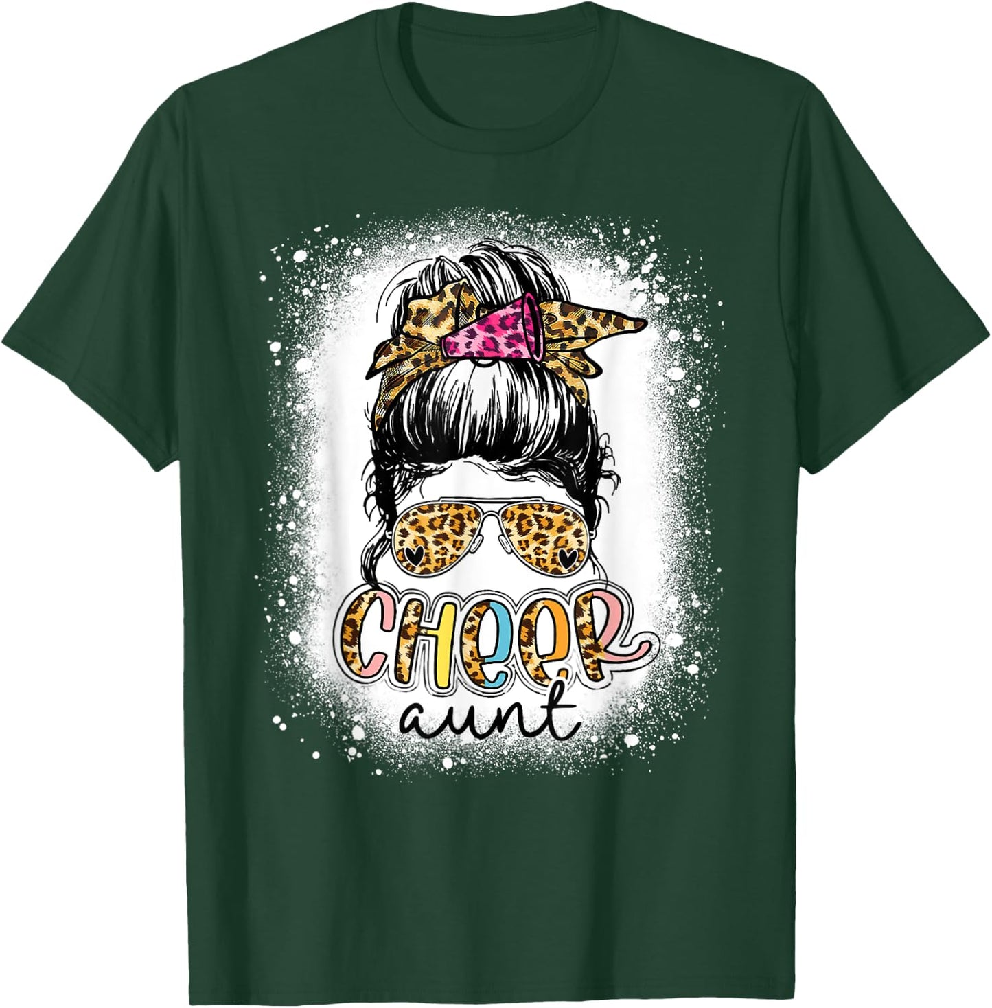 Cheer Aunt Leopard Messy Bun Cheerleader Mothers Day Funny T-Shirt - T-Shirt | Forest