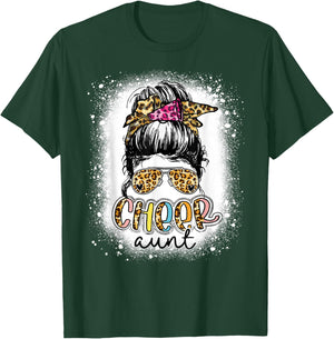 Cheer Aunt Leopard Messy Bun Cheerleader Mothers Day Funny T-Shirt - T-Shirt | Forest